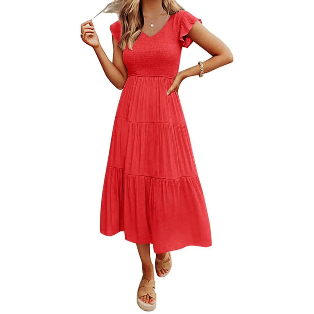 Merokeety Watermelon Red Flutter Sleeve Boho Smocked Tiered Midi Dress Size XL